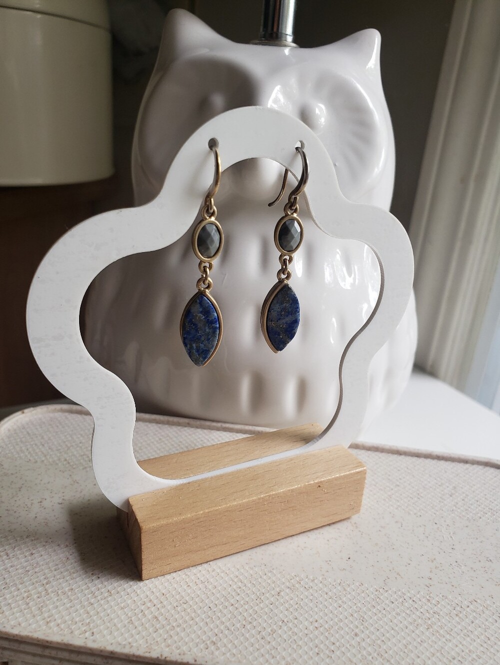 Gold-Tone Lapis Drop Earrings with Faceted Gray Accent